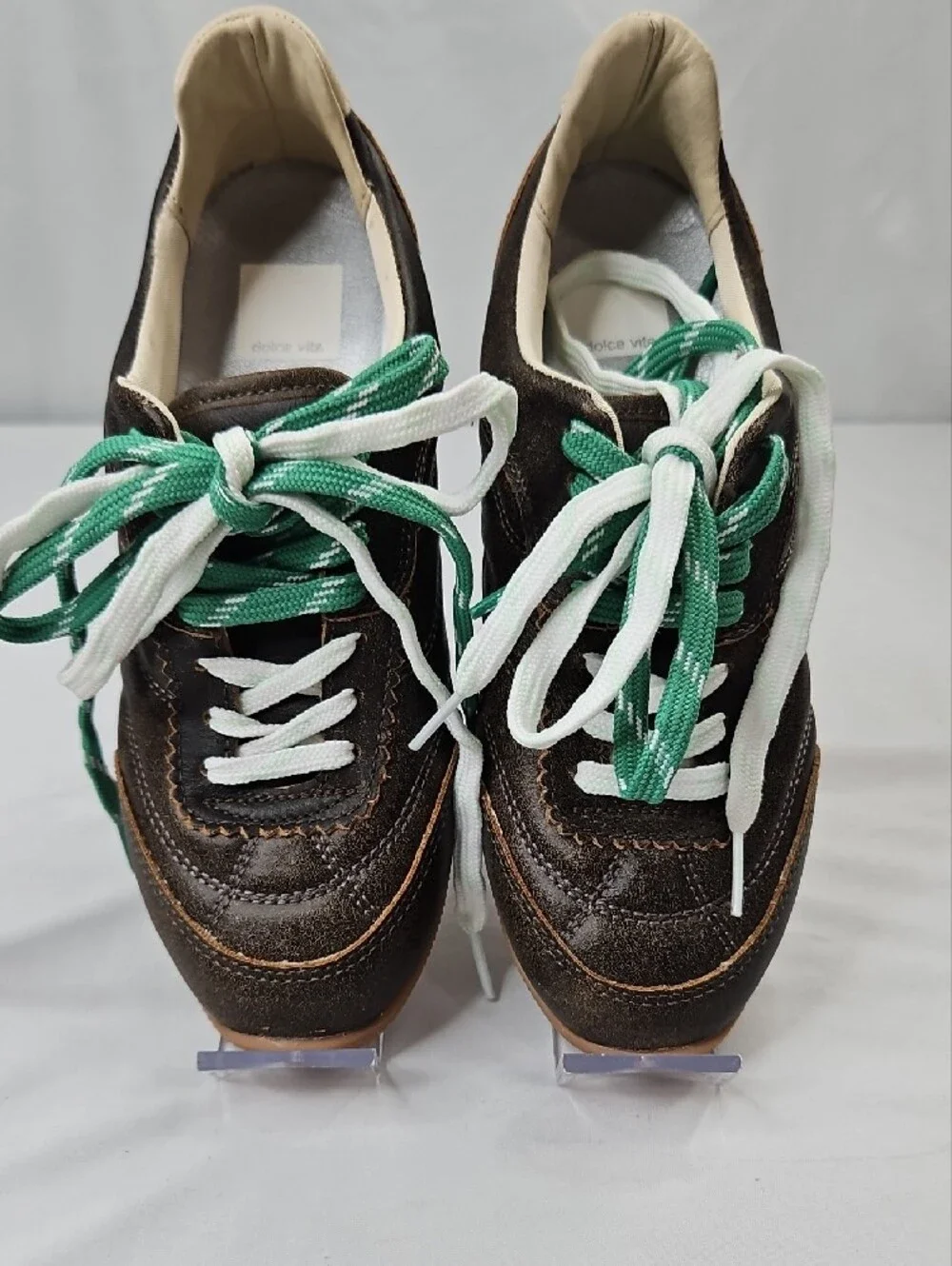 Dolce Vita Brown Leather Sneakers with Green and White Laces Size 7.5